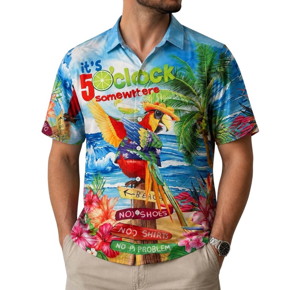 Hardaddy Mens Its 5 OClock Somewhere Parrot Tropical Hawaiian Shirt Blue Large